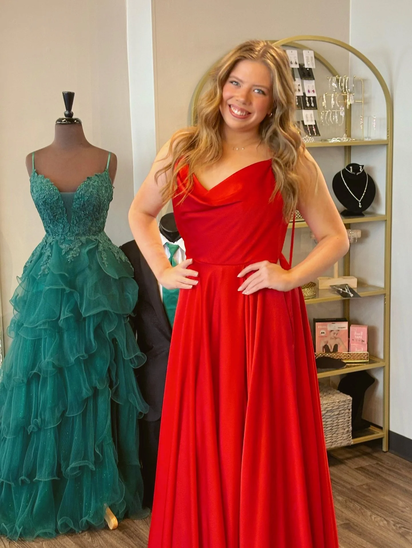 Feeling all the Christmas vibes with this stunning red satin, sale dress!! &hearts;️✨ 50% OFF ALL WEEKEND!!!

Who is excited to shop tomorrow from 10AM - 5PM or Sunday from 11AM - 4PM? See you soon!! 🥰

#believeprom #promsale #prom2026 #promdresssho