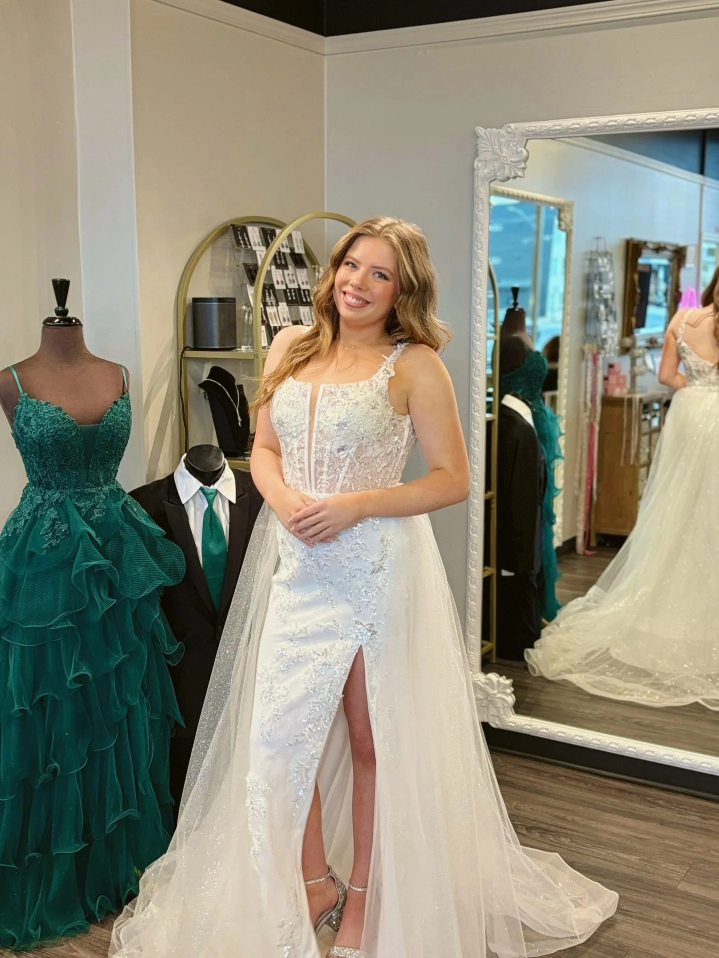 This gorgeous gown is a part of our 50% OFF sale!? Can you believe it? 🤍

How are you wearing this beauty? With or without the overskirt? 🤩✨ or both!? 

We are open tomorrow &amp; cannot wait to shop this incredible sale with you &mdash; shop with 