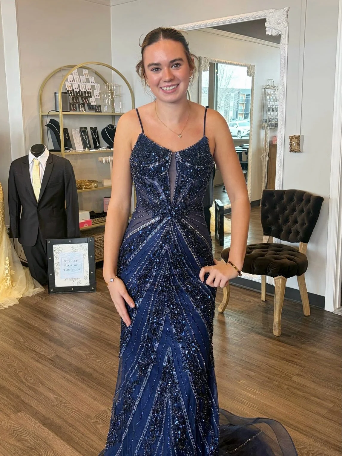 NEW BEADED PROM DRESS JUST ARRIVED &amp; it is a total showstopper! ✨ How stunning is the pattern? 

We are obsessing over this new style and the handful of others like it, but we are especially excited for you to see them too! 💫

Come see us tomorr