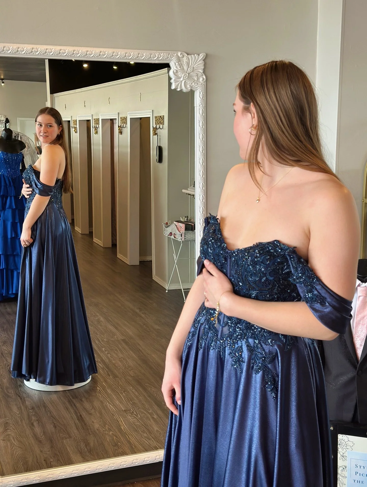 navy blue is quickly becoming a fav this season 😍💙 How gorgeous is this fabric too? 

Come see us &amp; shop over 1,400 designer prom dresses on Wednesday from Noon &mdash; 7pm!! ✨

#believeprom #believebabe #promdressshopping #prom2026 #navydress
