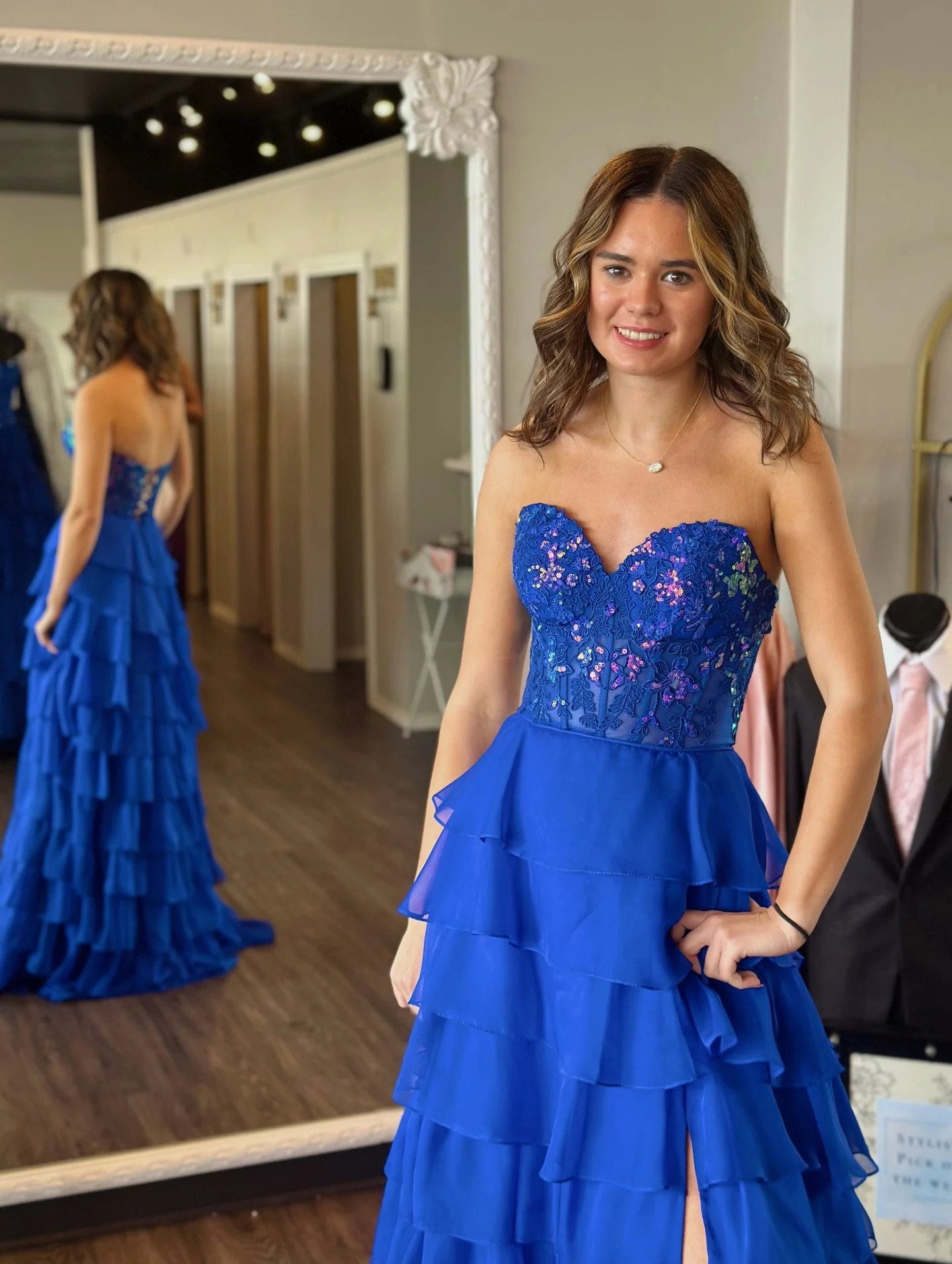 NEW royal blue ruffles 💙✨ how stunning are these details? 

#believeprom #prom2026 #spokane #washington #promdressshopping