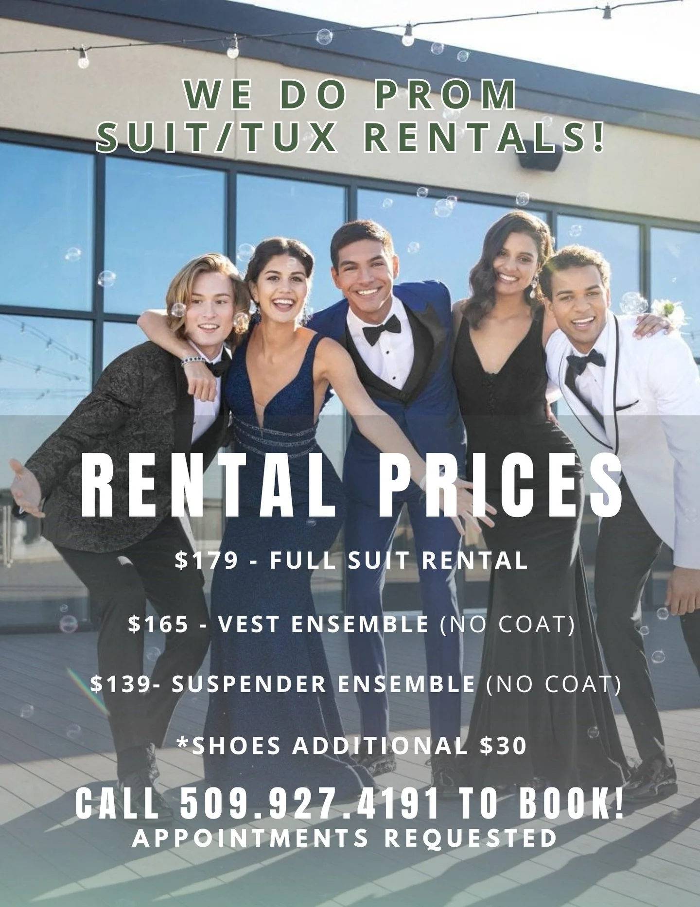 Pick your prom tux vibe &amp; let us manage the rest!! ✨ Did you know&hellip; when you rent your prom suit or tux from Believe Prom you get special prom season pricing!? 💲📦

Prom Suit Rental (5 Piece Suit Package) starting at $179‼️ 🫢
* INCLUDES: 