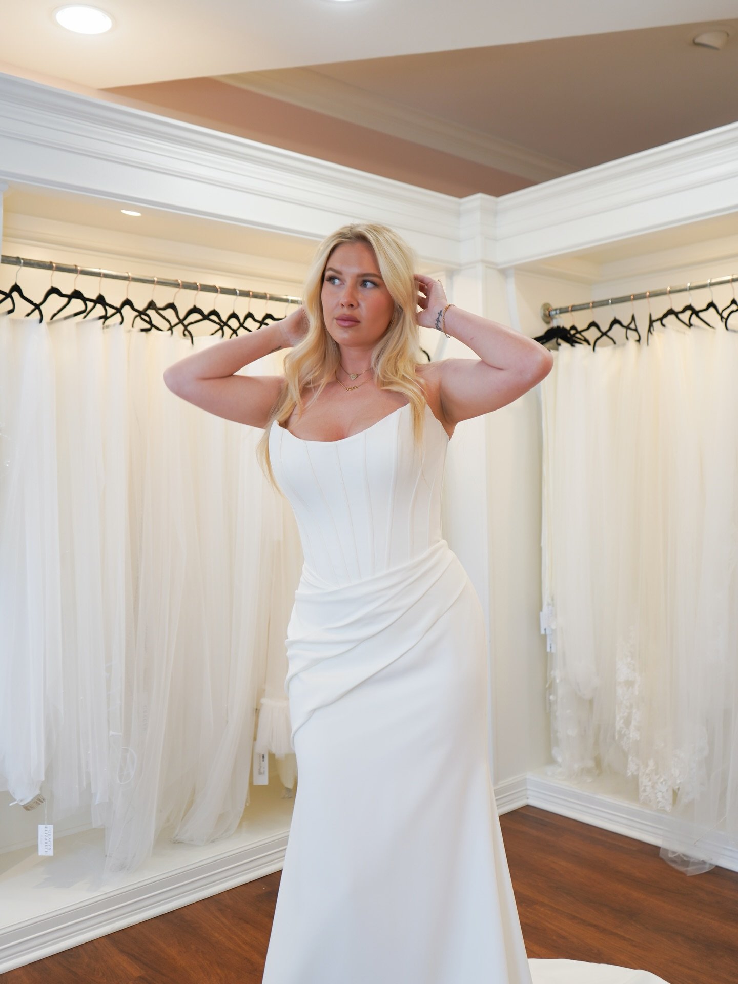 Our stunning new arrival, &ldquo;Greyson,&rdquo; is the definition of modern bridal elegance- clean lines, a sculpted bodice, and the softest draping. A look that speaks for itself. ✨