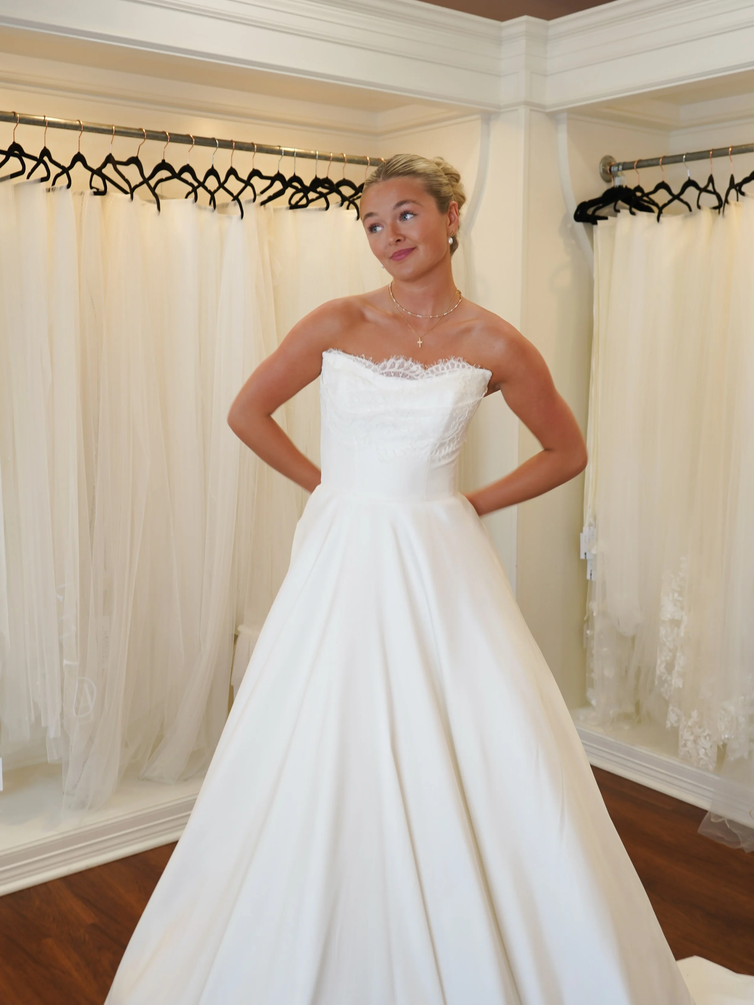 Hello new arrival! This strapless satin beauty paired with delicate lace detailing is making all of our classy bride dreams come true!! 👰🏼&zwj;♀️🕊️😍
