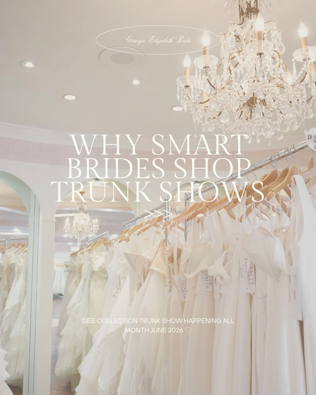 Join us in June for our GEB Collection Trunk Show!!

For a limited time, every gown from the GEB collection will be $300 OFF! Swipe through for more information &amp; to see just a few of the stunning gowns that will be featured during the event! 💕✨