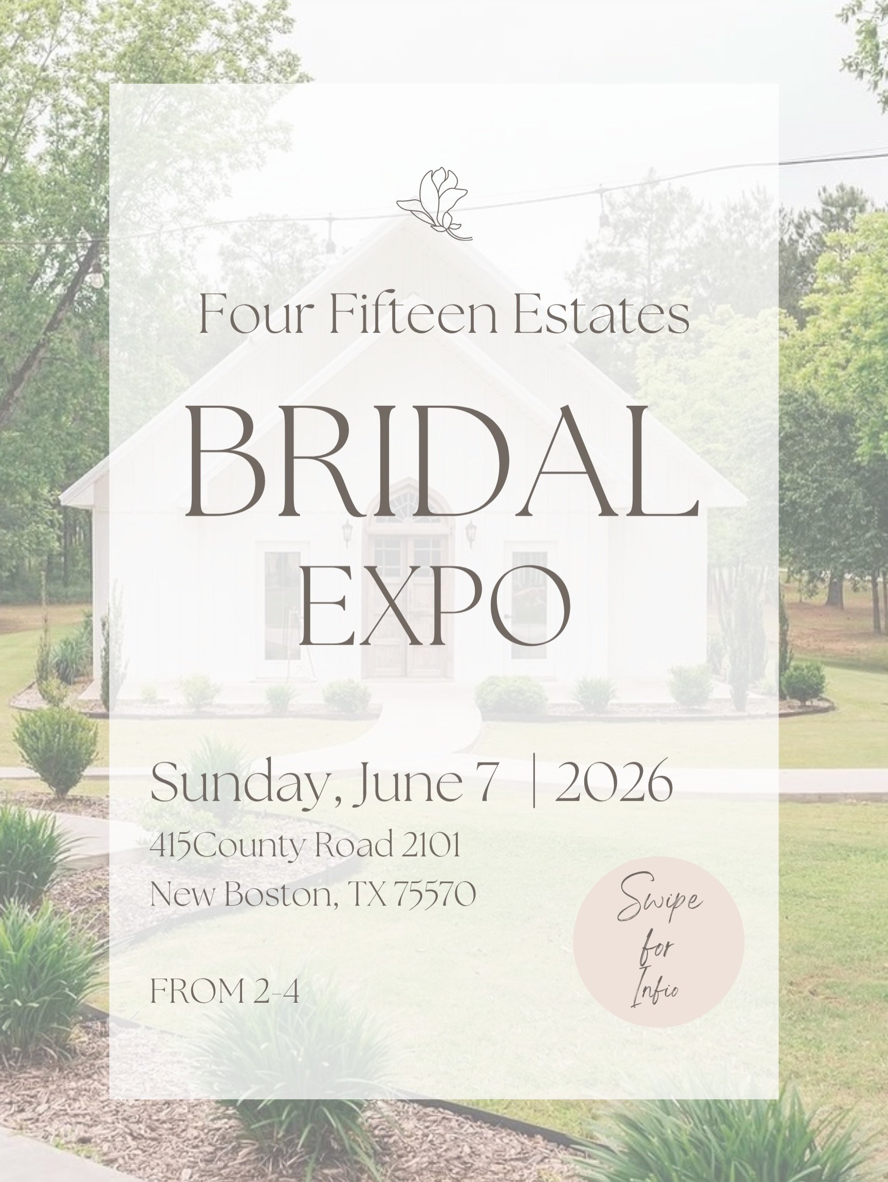 THIS SUNDAY! 

Join us at the Four Fifteen Estates Bridal Expo Sunday from 2-4. Come meet some amazing vendors, get special discounts, tour the venue, &amp; get a complete vision for your big day!! 

If you book your appointment with us at the expo y