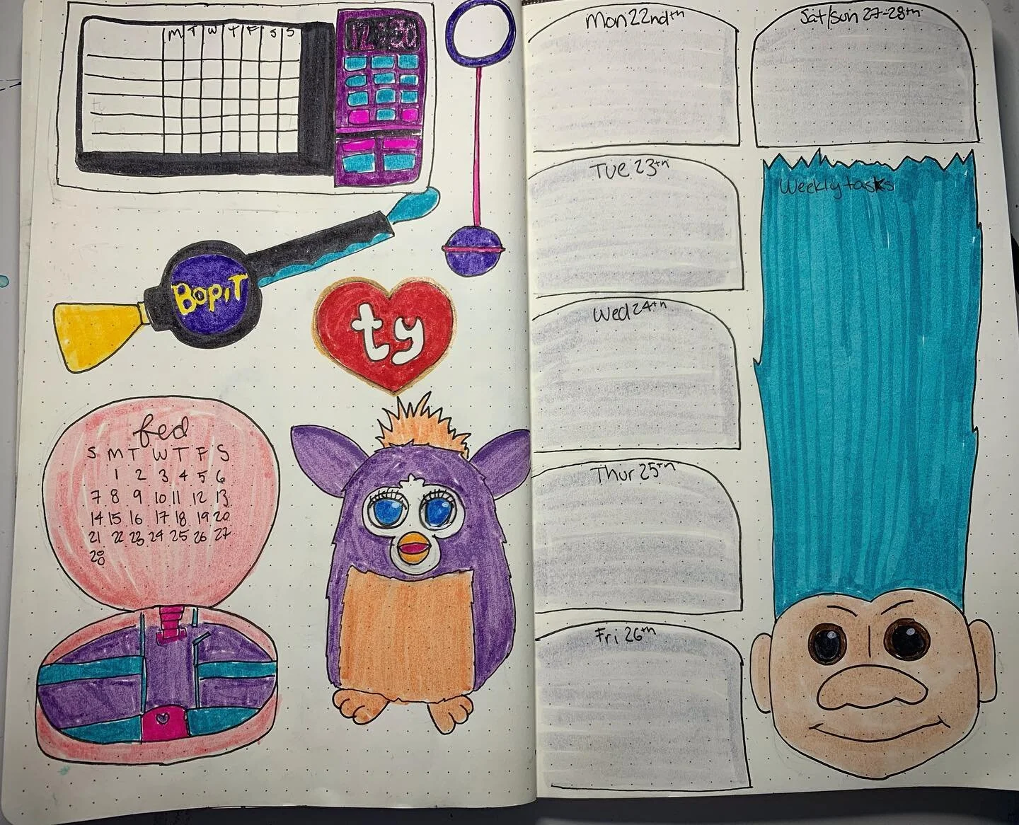 Finished the last week of 90s theme with 90s toys. This month was so much fun. This years bullet journaling has started out strong. Catch me prepping for next month on twitch next week.
