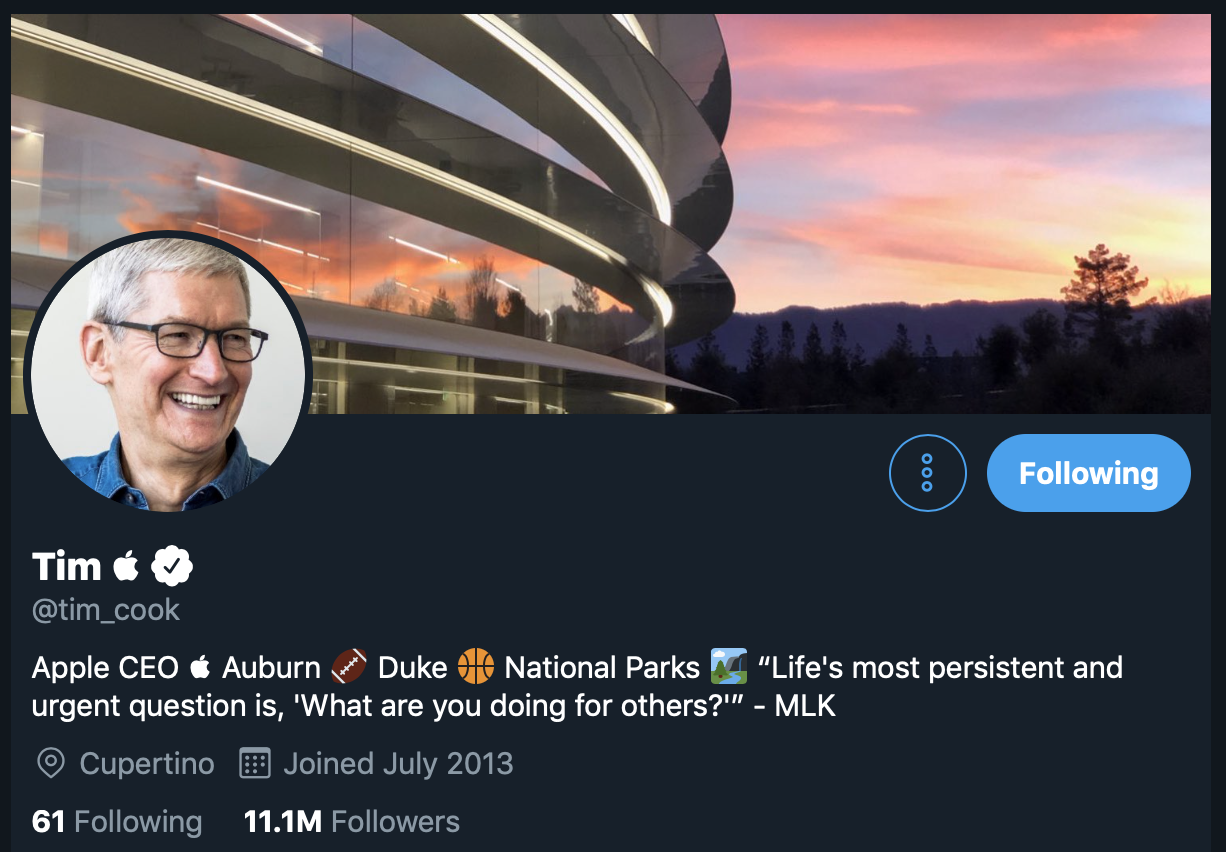 Tim Cooks twitter username as of March 7th, 2019