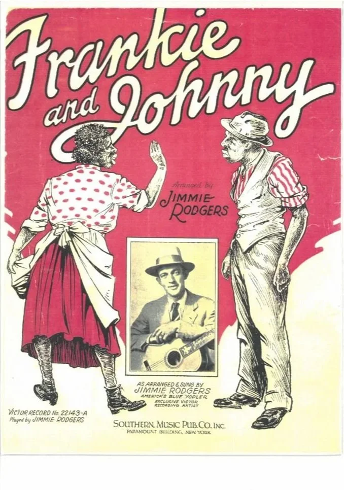 From the Jimmie Rodgers Museum apart of the J. Rodgers collection. Advertisement for Jimmie Rodgers' new single "Frankie and Johnny" which was released on November 22, 1929