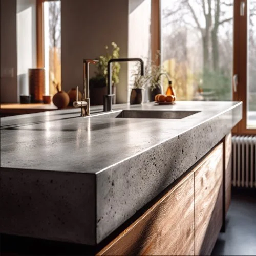 Modern kitchen featuring concrete countertop with integrated sink and wood cabinetry for contemporary design style