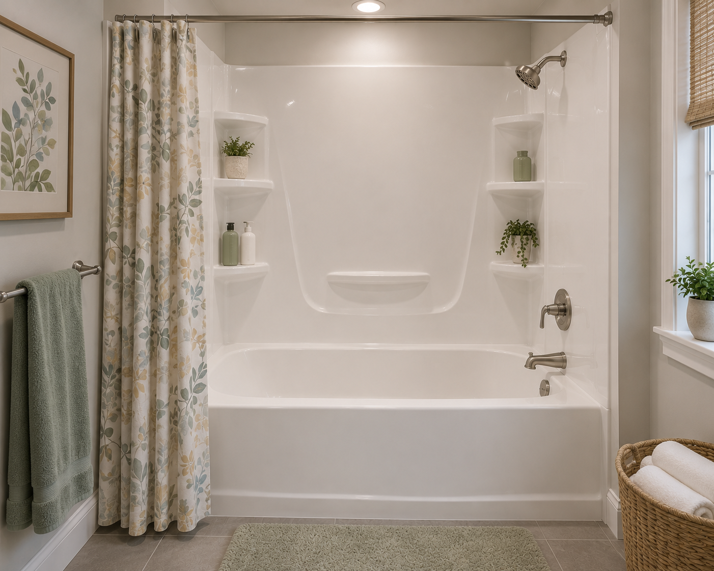 White acrylic bathtub surround with built-in corner shelving and a deep soaker tub.
