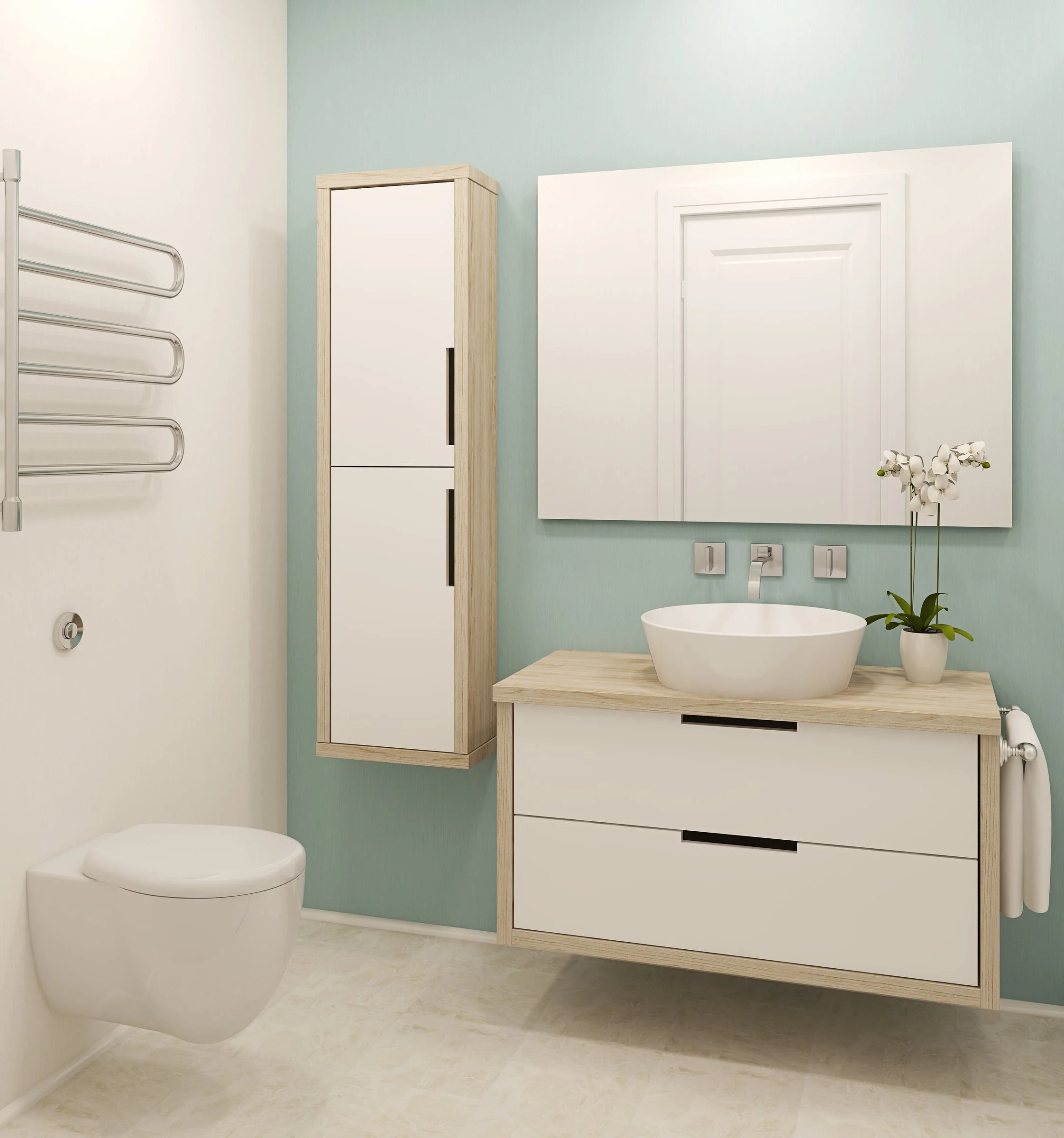 Modern compact powder room with floating vanity, vessel sink, wall-mounted storage cabinet, and space-saving design