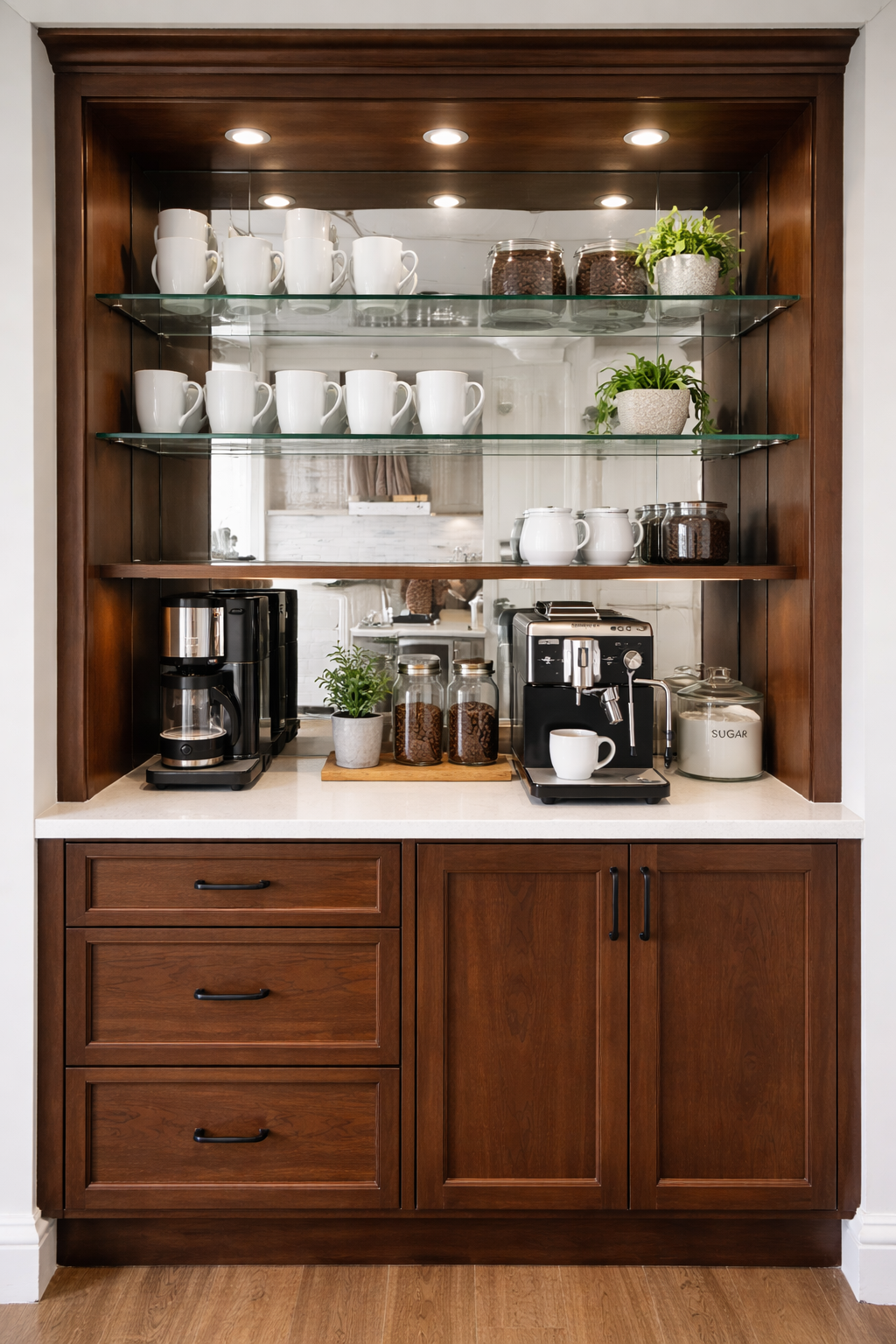 Built-in wood coffee nook with glass shelves, espresso machine, and integrated lighting.