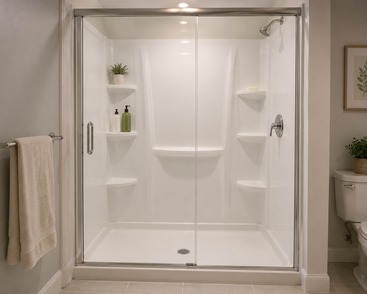 White acrylic shower surround with built-in corner shelves and sliding glass doors.