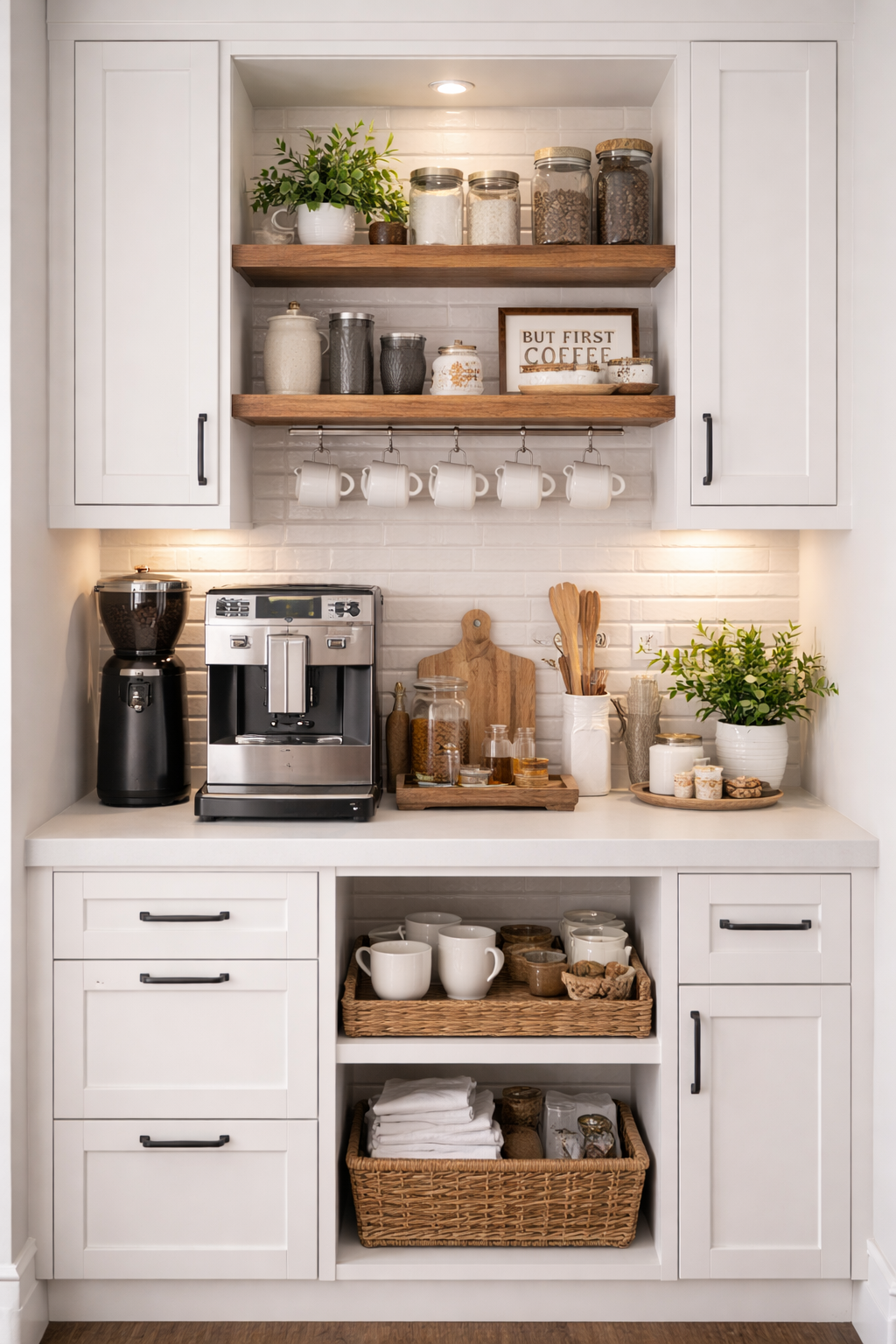 White coffee nook with open shelving, under-cabinet lighting, and organized storage baskets.