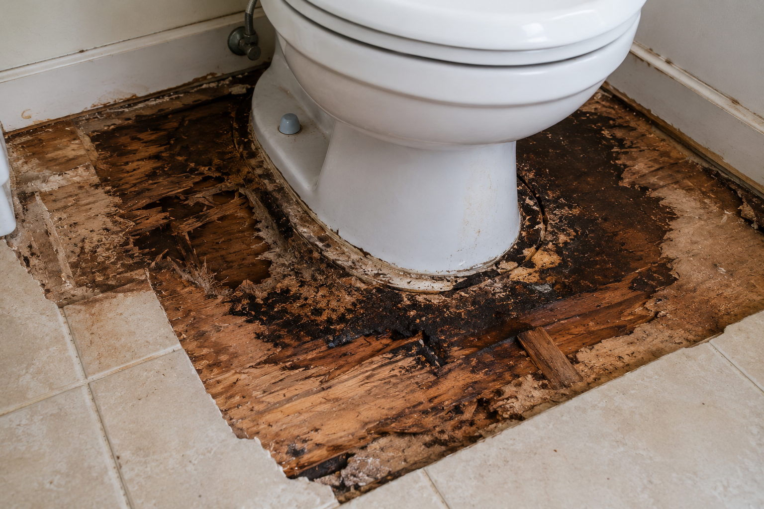 Damaged floor caused by a loose toilet that was leaking into the subfloor