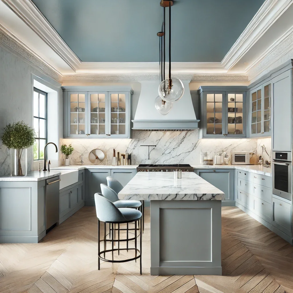 Modern kitchen design inspiration featuring blue cabinetry, marble countertops, glass lighting and large centre island