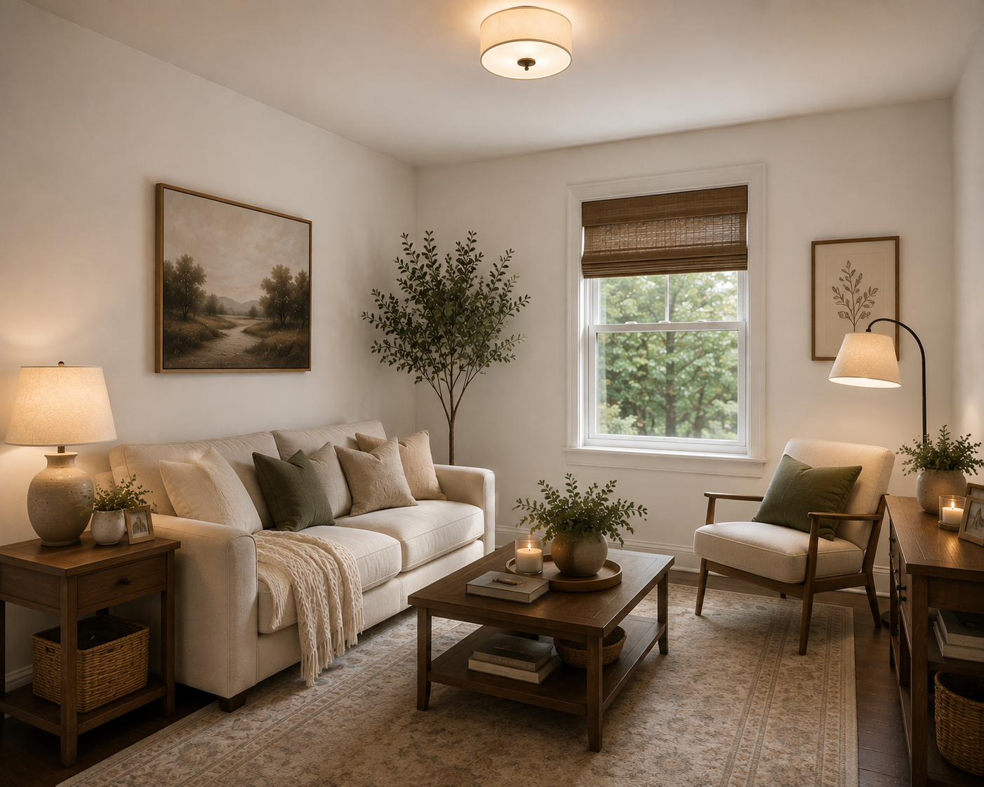 Cozy low-light living room painted Benjamin Moore White Dove, showing how a warm white can brighten a room with limited natural light while still feeling warm and inviting.