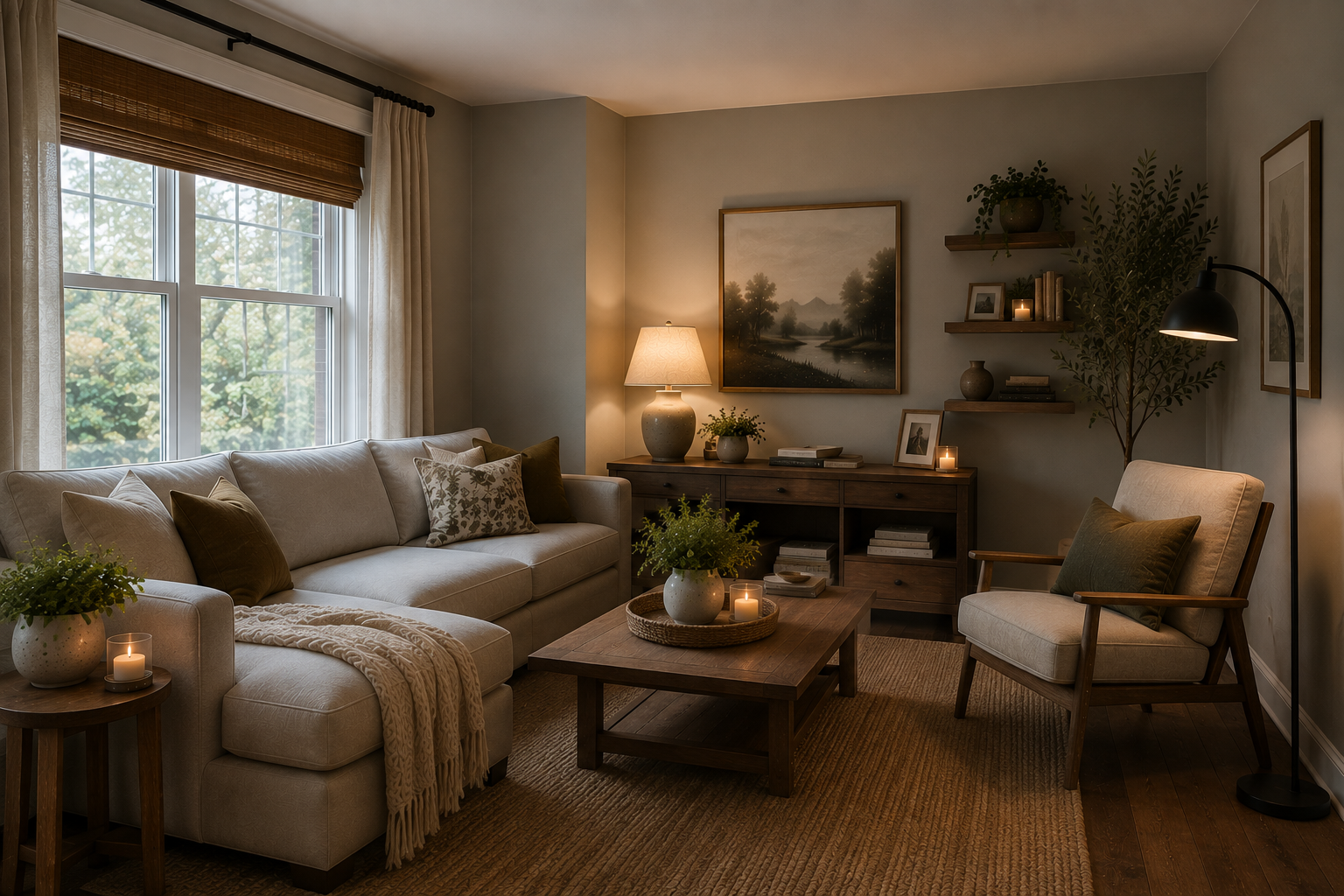 Cozy living room with warm neutral walls, layered lighting and limited natural light, showing how a soft neutral paint colour can make a darker room feel warm and inviting.