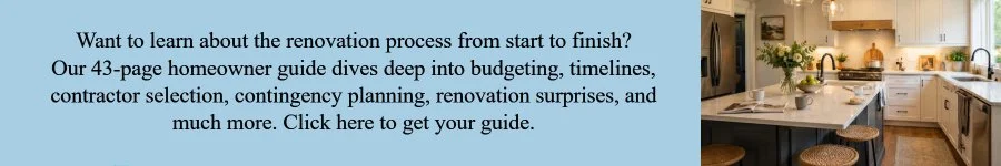 Promotional graphic for a 43-page homeowner renovation guide covering budgeting, contractor selection, renovation timelines, contingency planning, and avoiding common renovation mistakes.