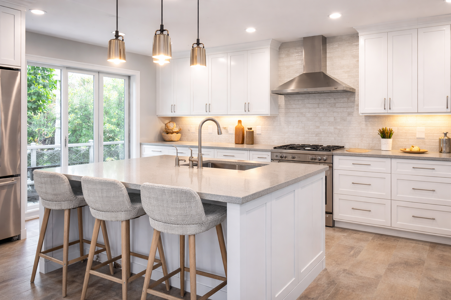 White kitchen featuring a large island, brushed nickel pendant lights, shaker cabinets and bar seating.