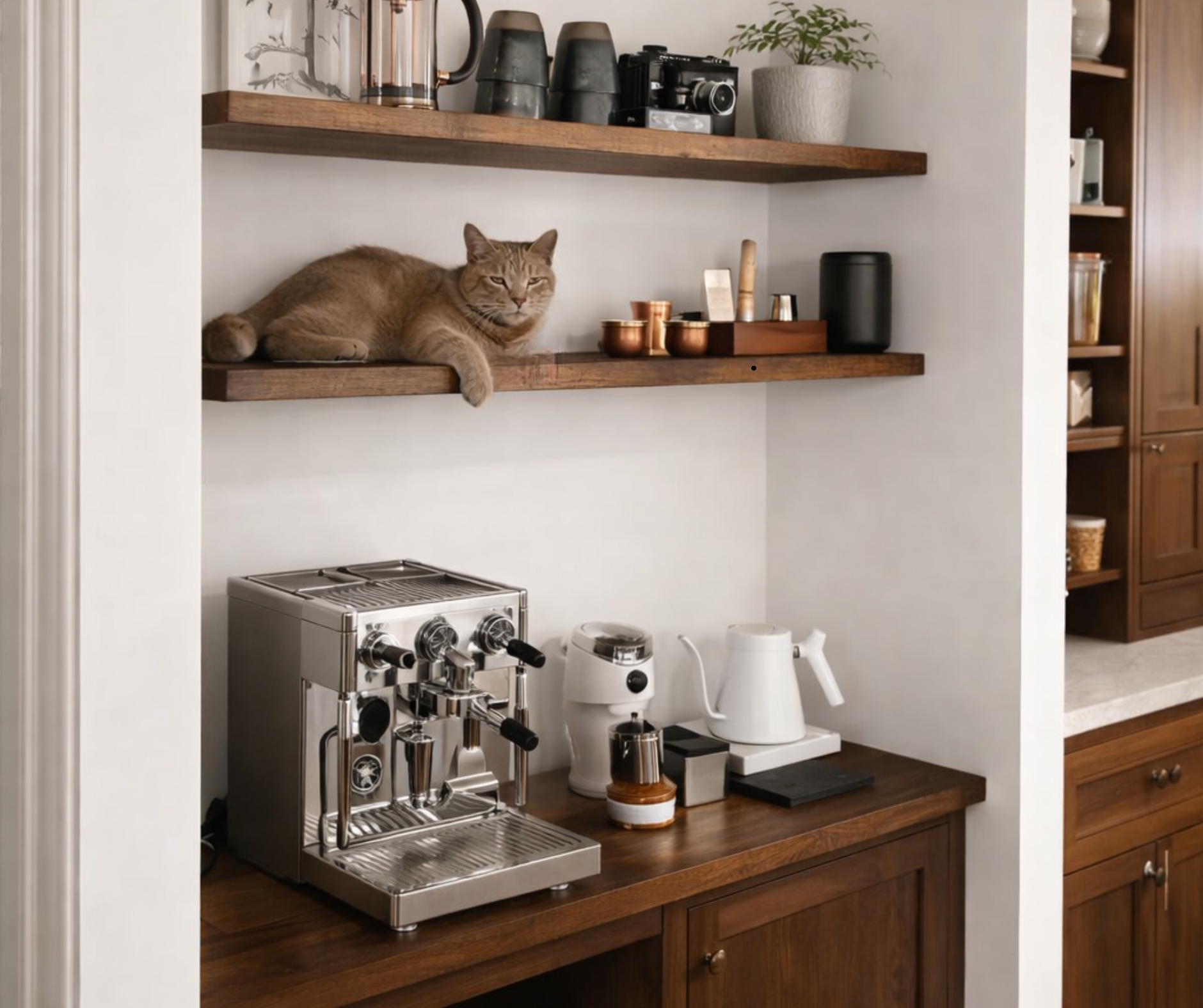 Simple coffee nook with floating wood shelves, espresso machine, and minimalist styling.