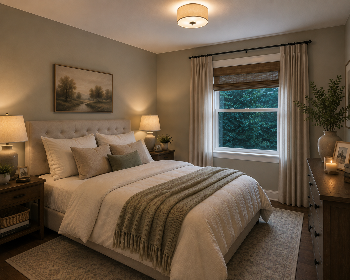 Cozy low-light bedroom painted Benjamin Moore Revere Pewter, paired with warm wood, cream bedding and soft lighting for an inviting feel.