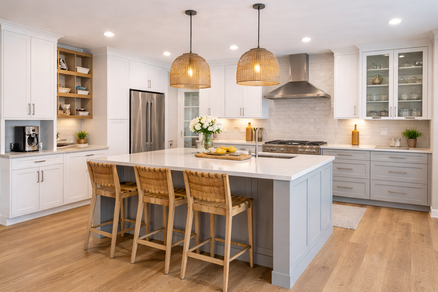 Custom kitchen renovation featuring a large island with seating, white shaker cabinets, quartz countertops, pendant lighting, and stainless steel appliances designed for everyday functionality and entertaining.
