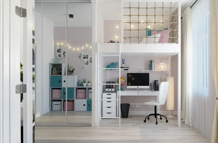 Compact home office tucked beneath a loft bed with a desk, shelving and nearby storage.