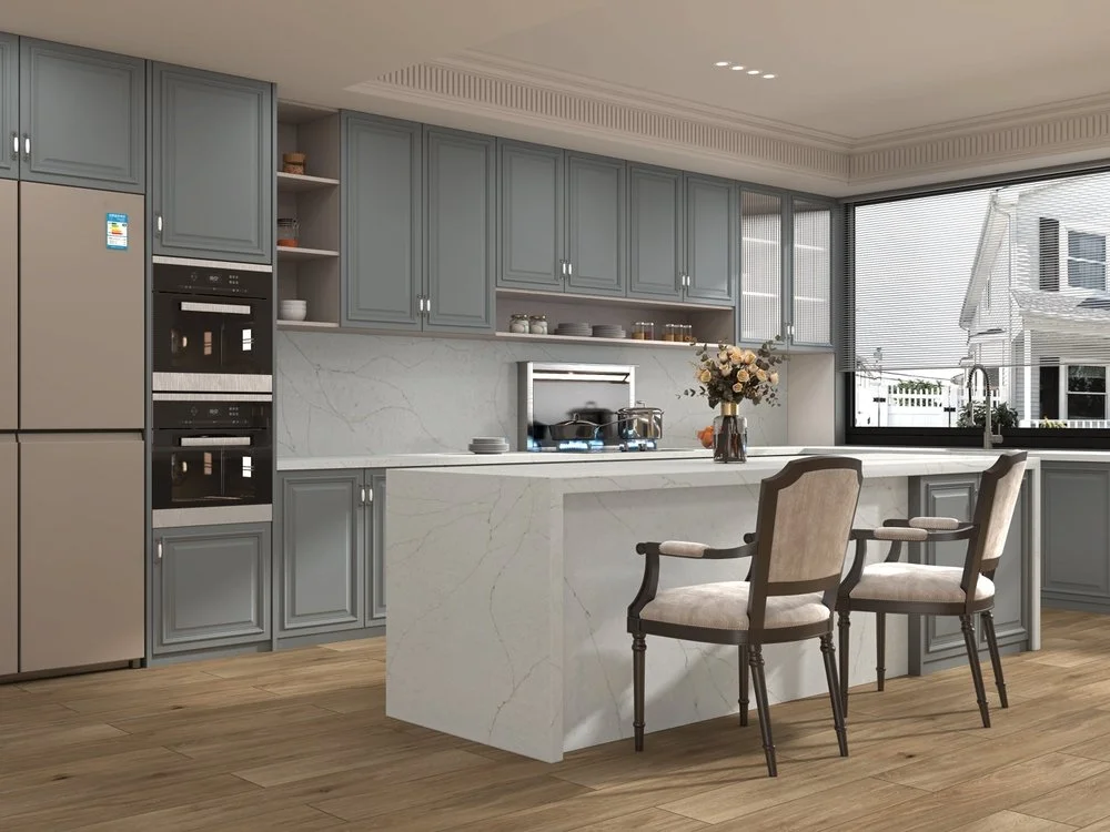 Grey shaker kitchen featuring a white quartz waterfall countertop and full-height quartz backsplash.