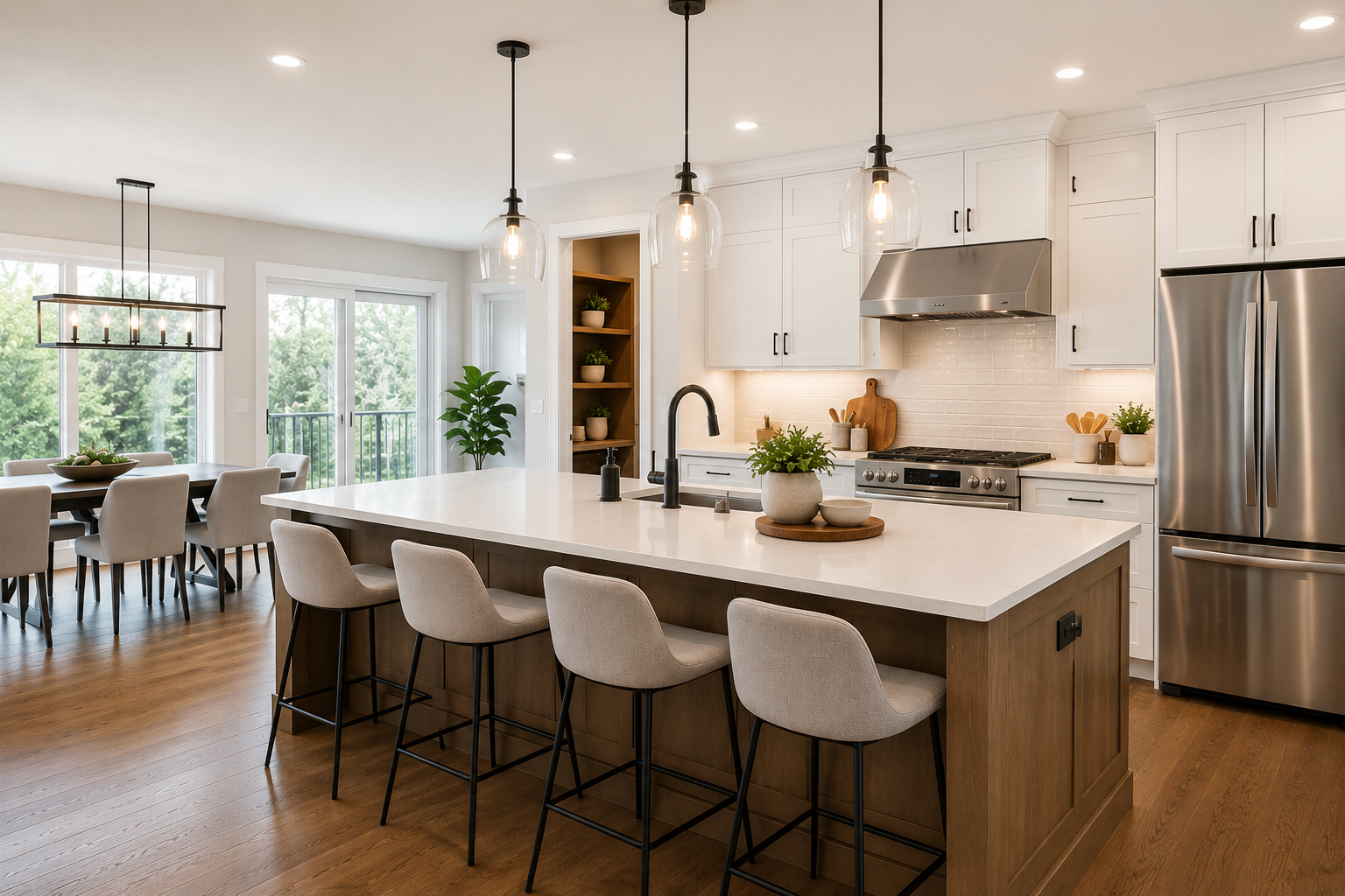 Modern open-concept kitchen featuring a large island with seating, spacious prep areas, and multiple work zones designed for entertaining and everyday family living.