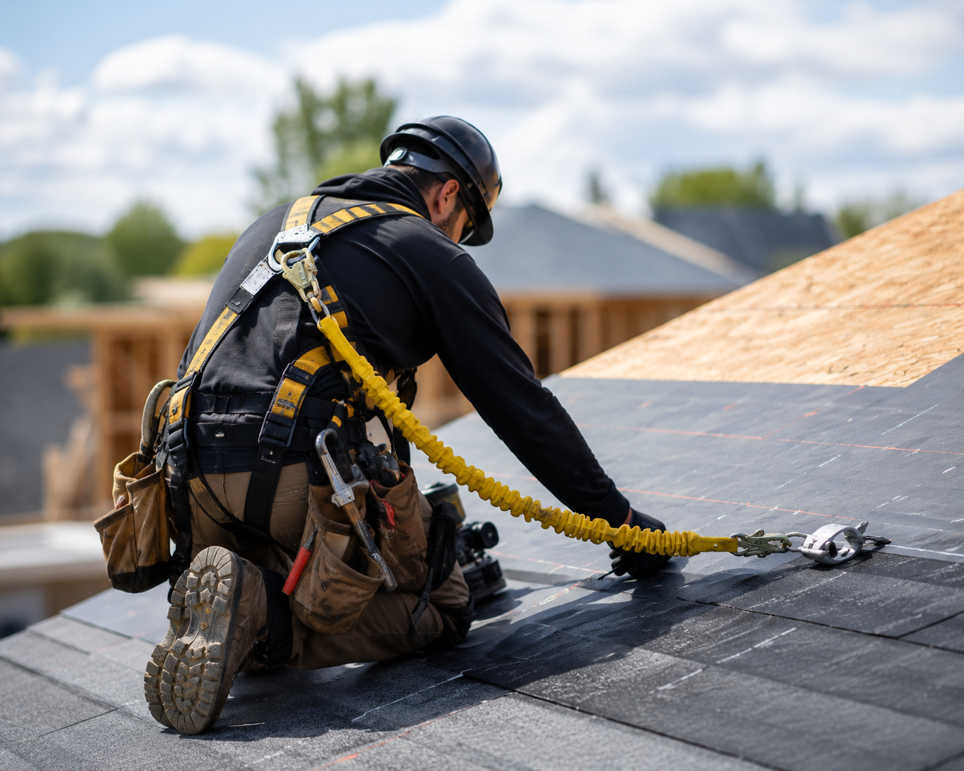 Contractor wearing a safety harness and fall protection equipment while working on a residential roof, demonstrating proper job site safety practices and workplace injury prevention.