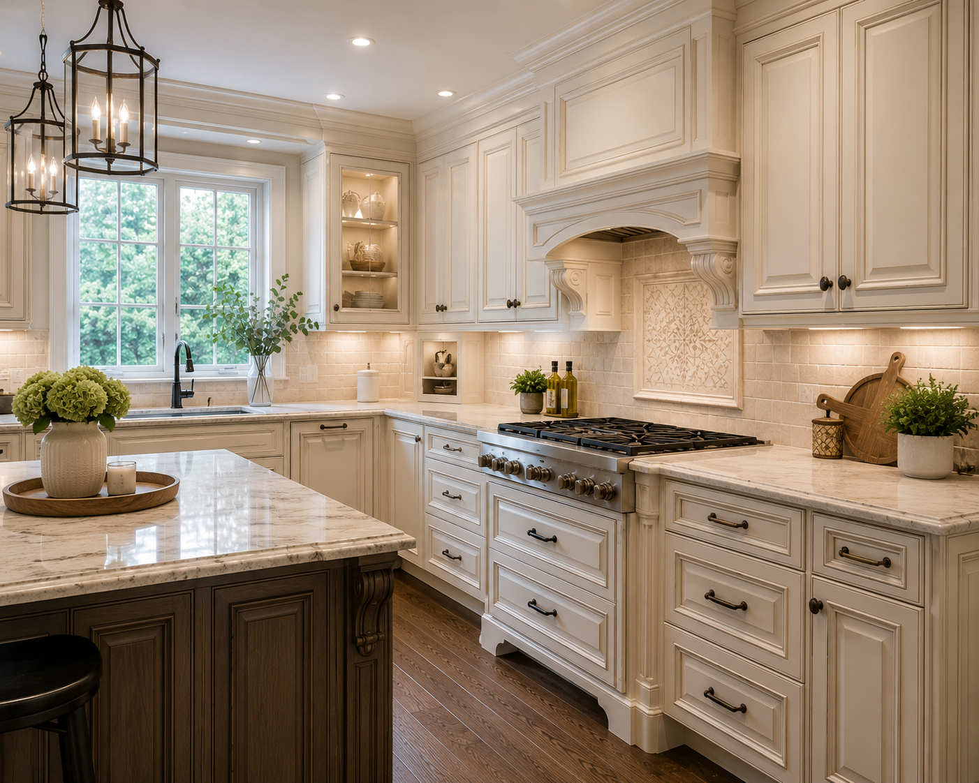 Elegant traditional kitchen with cream raised-panel cabinets, decorative range hood, dark wood island and stone countertops.