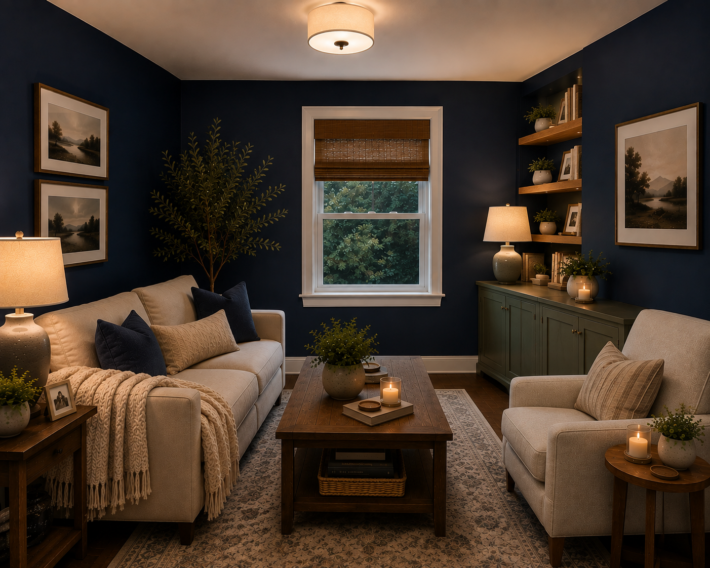 Dark living room painted Benjamin Moore Hale Navy, showing how a deep navy can make a room with limited natural light feel cozy, warm and inviting.