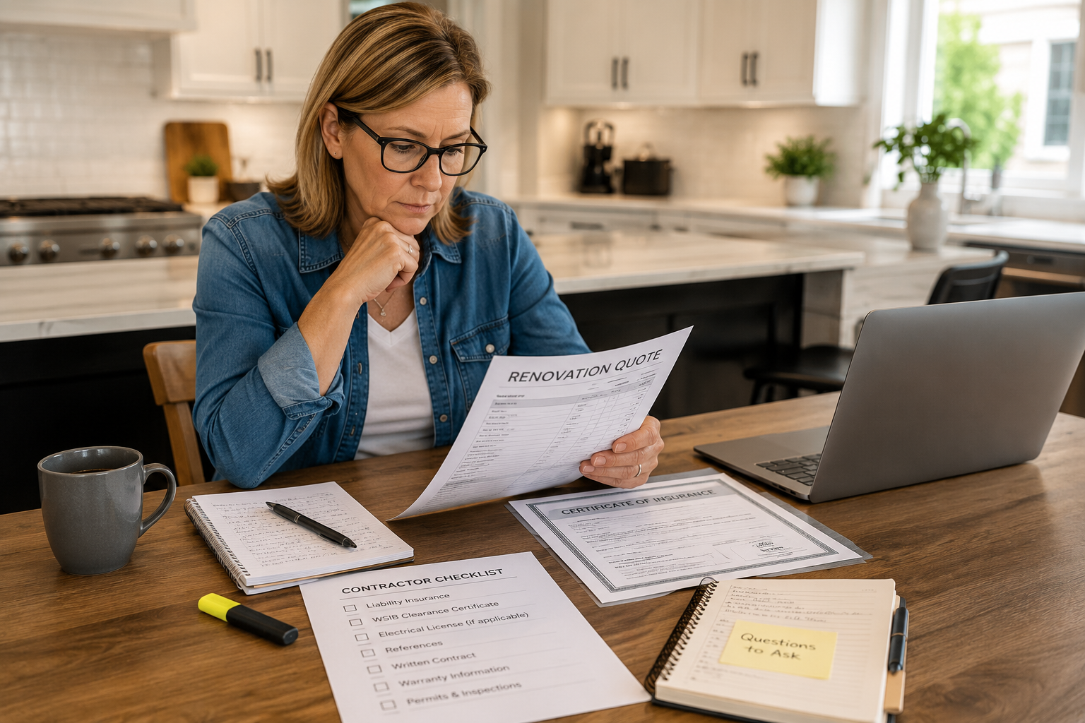 Homeowner reviewing a renovation quote, contractor checklist, and insurance documents at a kitchen table before hiring a contractor for a home renovation project.