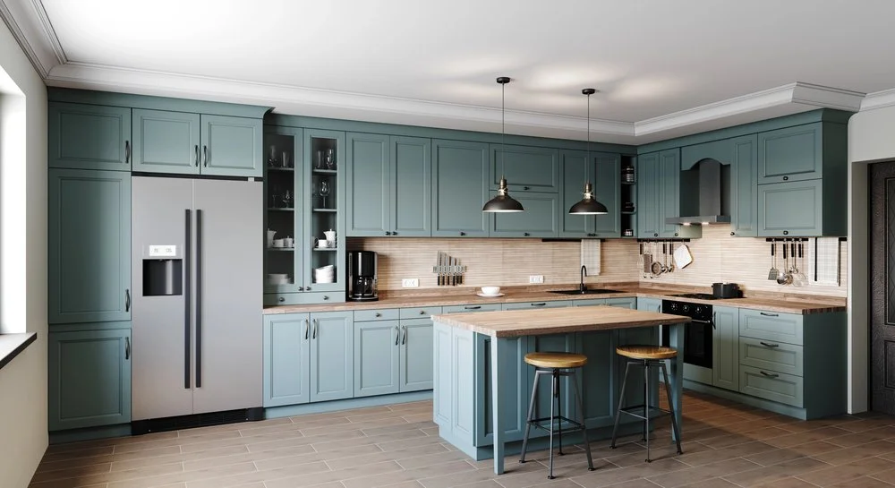 A modern teal-cabinet kitchen with a small island and open layout, perfect for showcasing multi-cook-friendly kitchen design ideas.