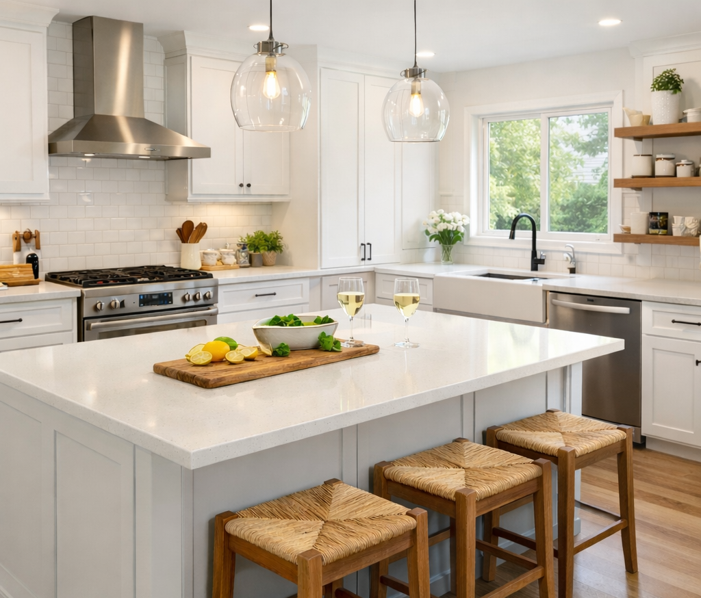 Bright white kitchen with a large island, three stools and glass pendant lights.
