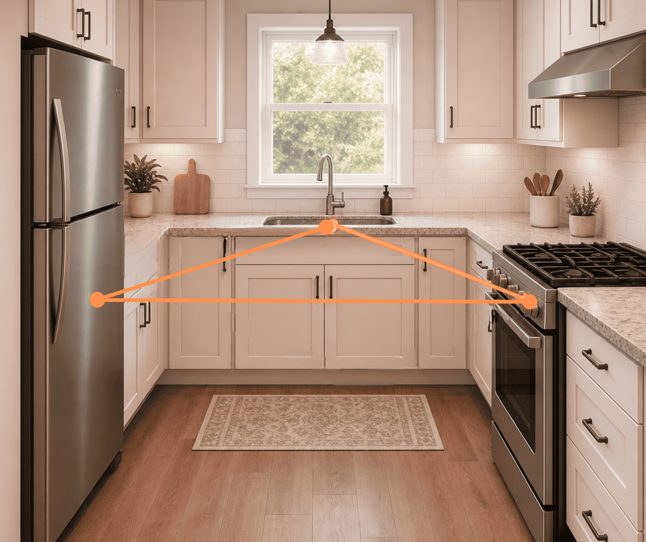Kitchen work triangle diagram showing efficient movement between the refrigerator, sink, and stove in a modern kitchen design.