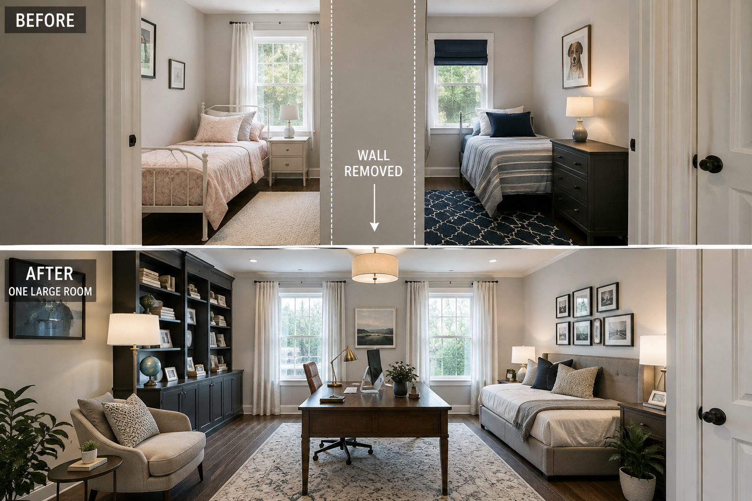 Before-and-after concept showing two small bedrooms combined into one large home office and multipurpose room by removing the dividing wall.