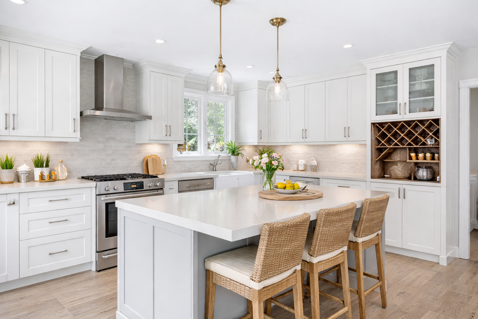 White kitchen with a large island, wicker bar stools, glass pendant lights and a built-in wine rack.