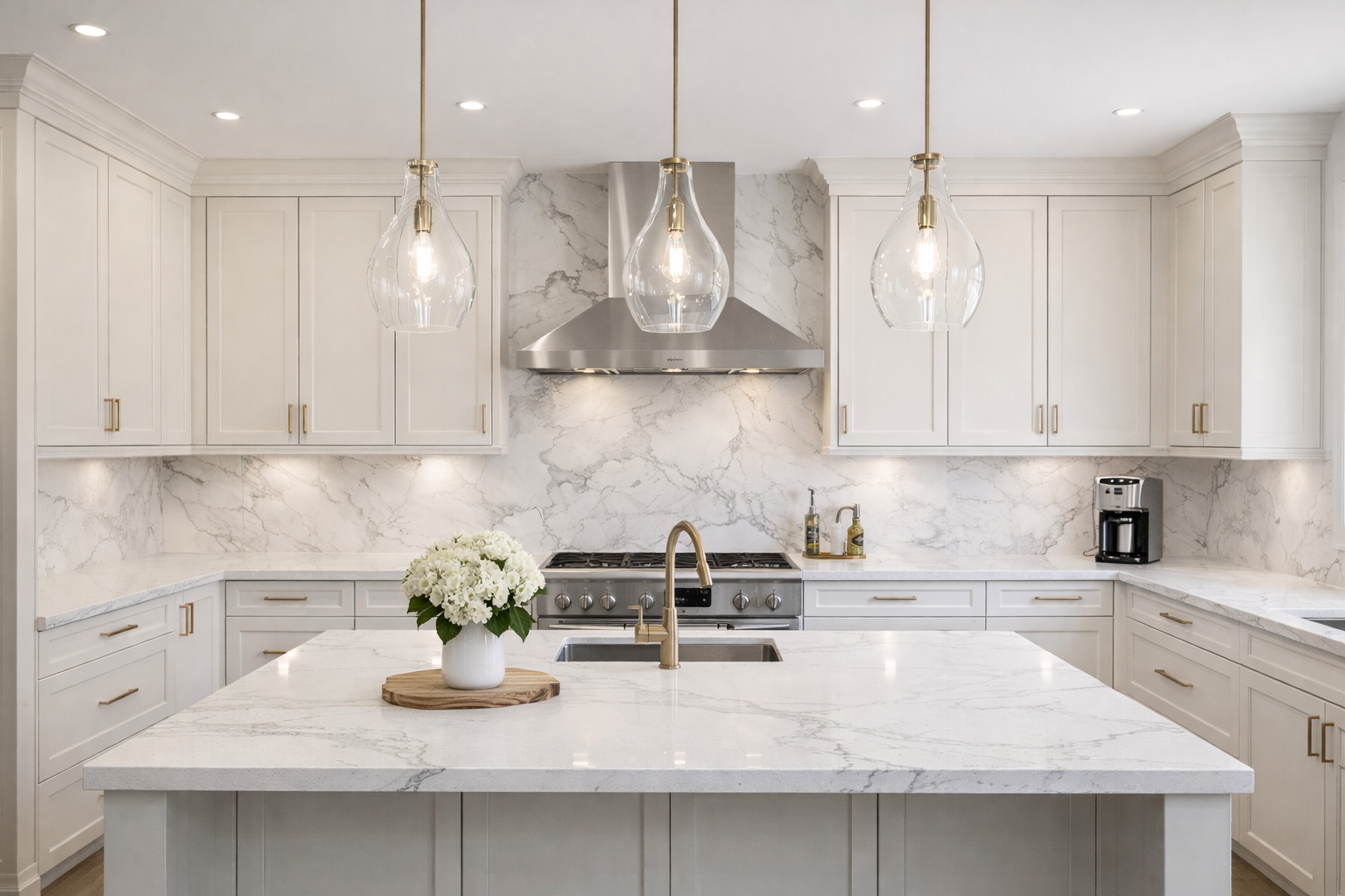 Luxury kitchen with soft white cabinets, gold hardware, full height quartz backsplash, wall mounted range hood, large island with quartz countertop, and glass pendant lighting.