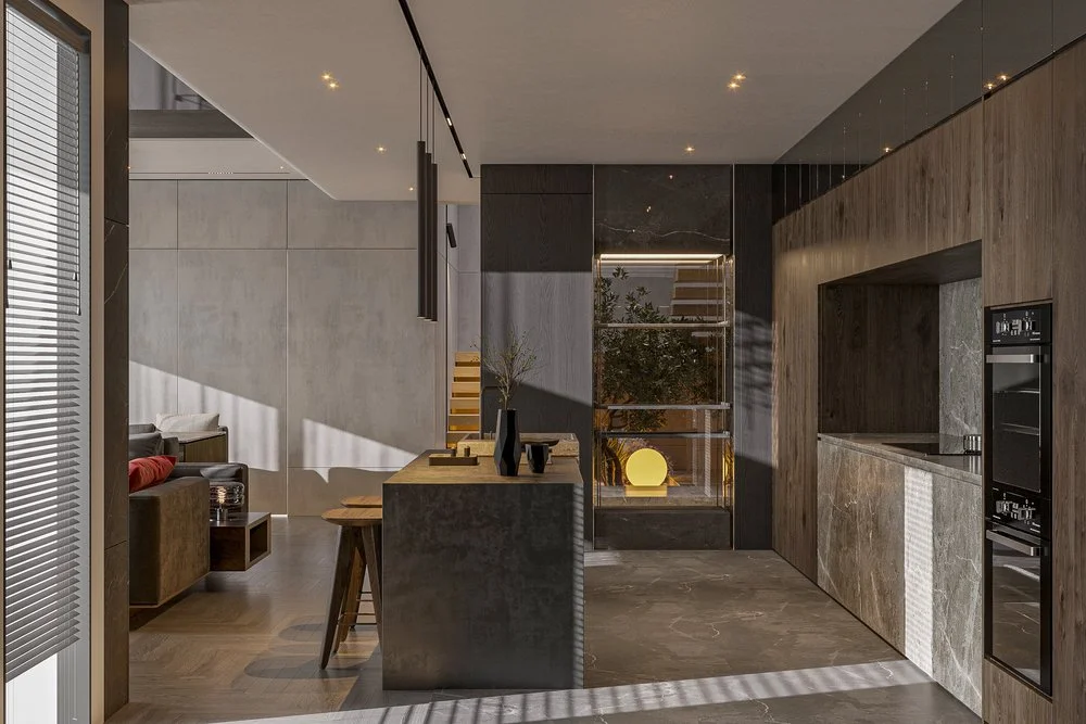 Modern kitchen featuring a stone waterfall countertop with minimalist cabinetry.