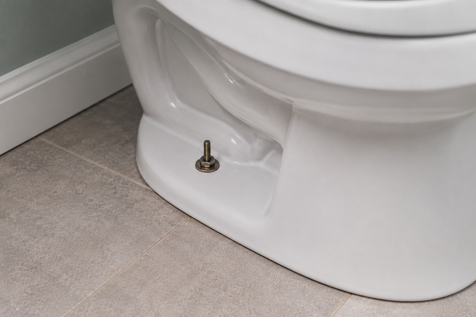 Close-up of an exposed closet bolt at the base of a toilet after the decorative cap has been removed for inspection or tightening.