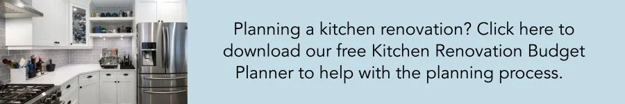 Free kitchen renovation budget planner download banner with modern kitchen image and budgeting guide for homeowners planning a kitchen remodel.
