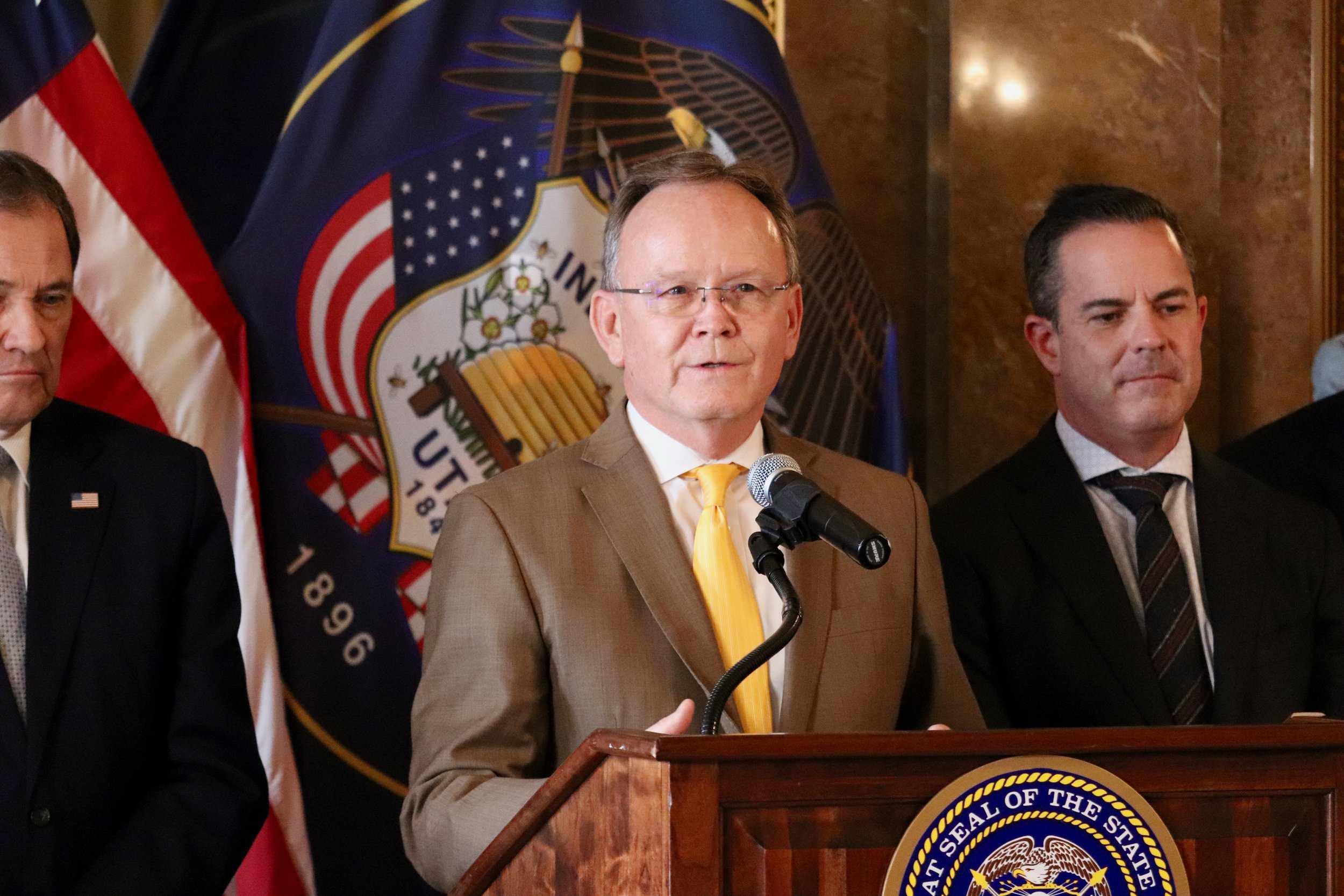 President Stuart Adams speaks at the tax reform press conference.