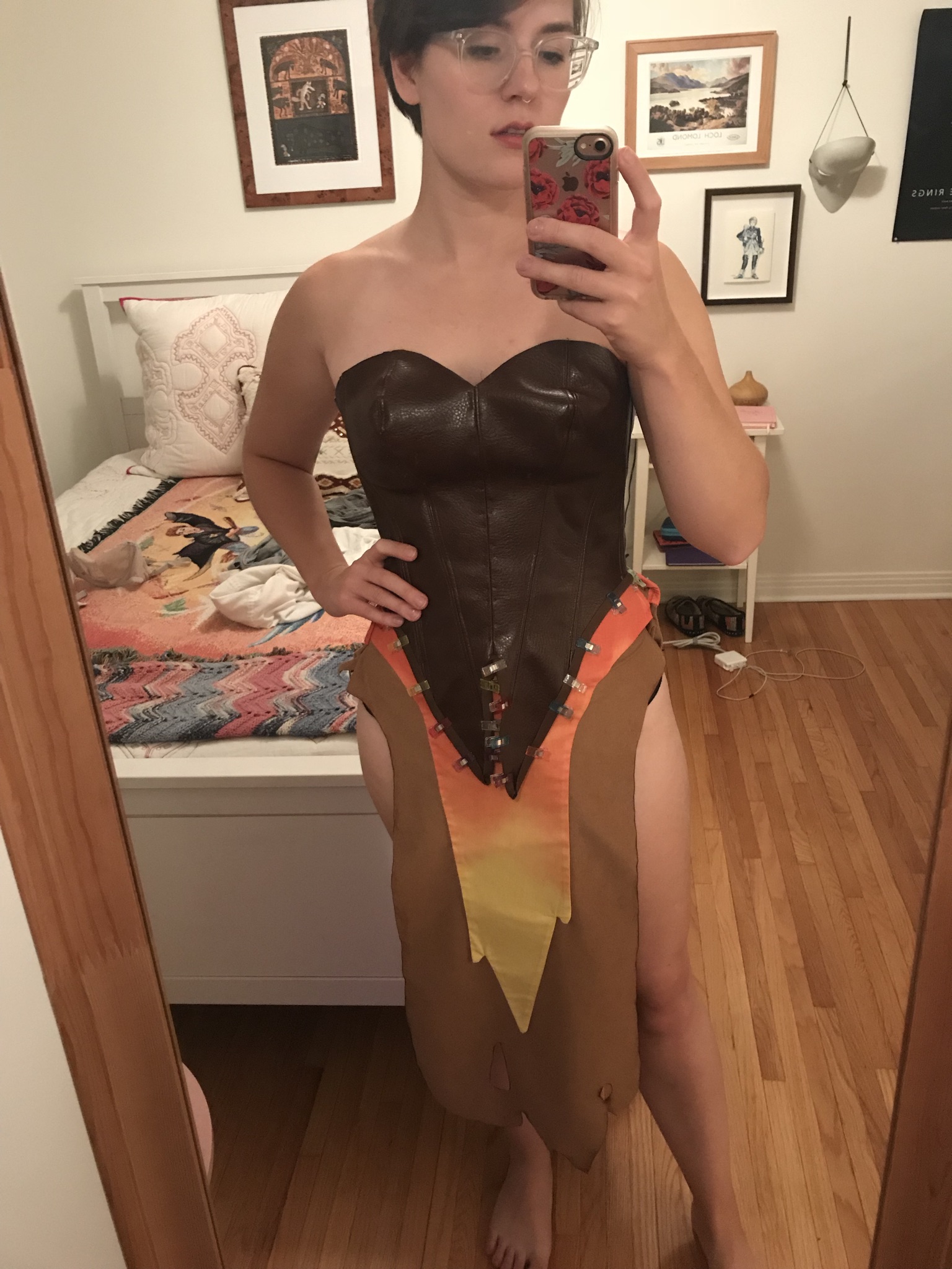 More accurate skirt before weathering, tried on with bodice. The flaps on the front of the bodice were also too long before, so I adjusted them here.