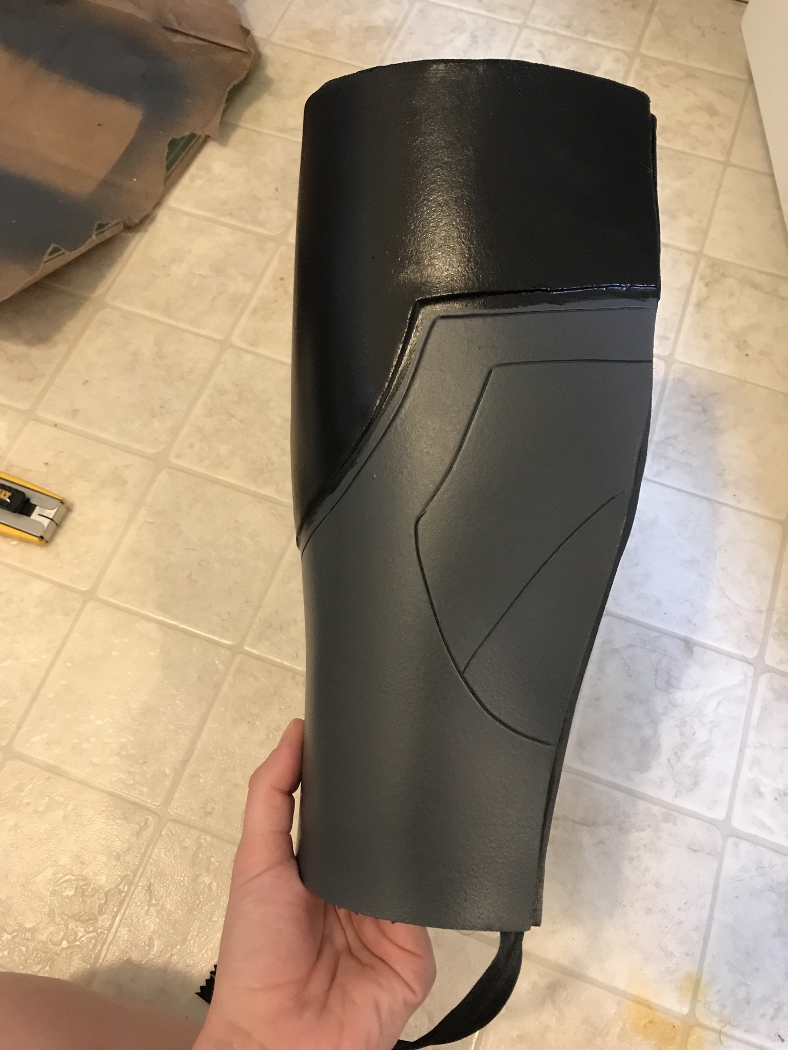 After the first few coats of paint on the leg armor. There’s a zipper on the back of them so I can put them on, but it is definitely a tight fit.
