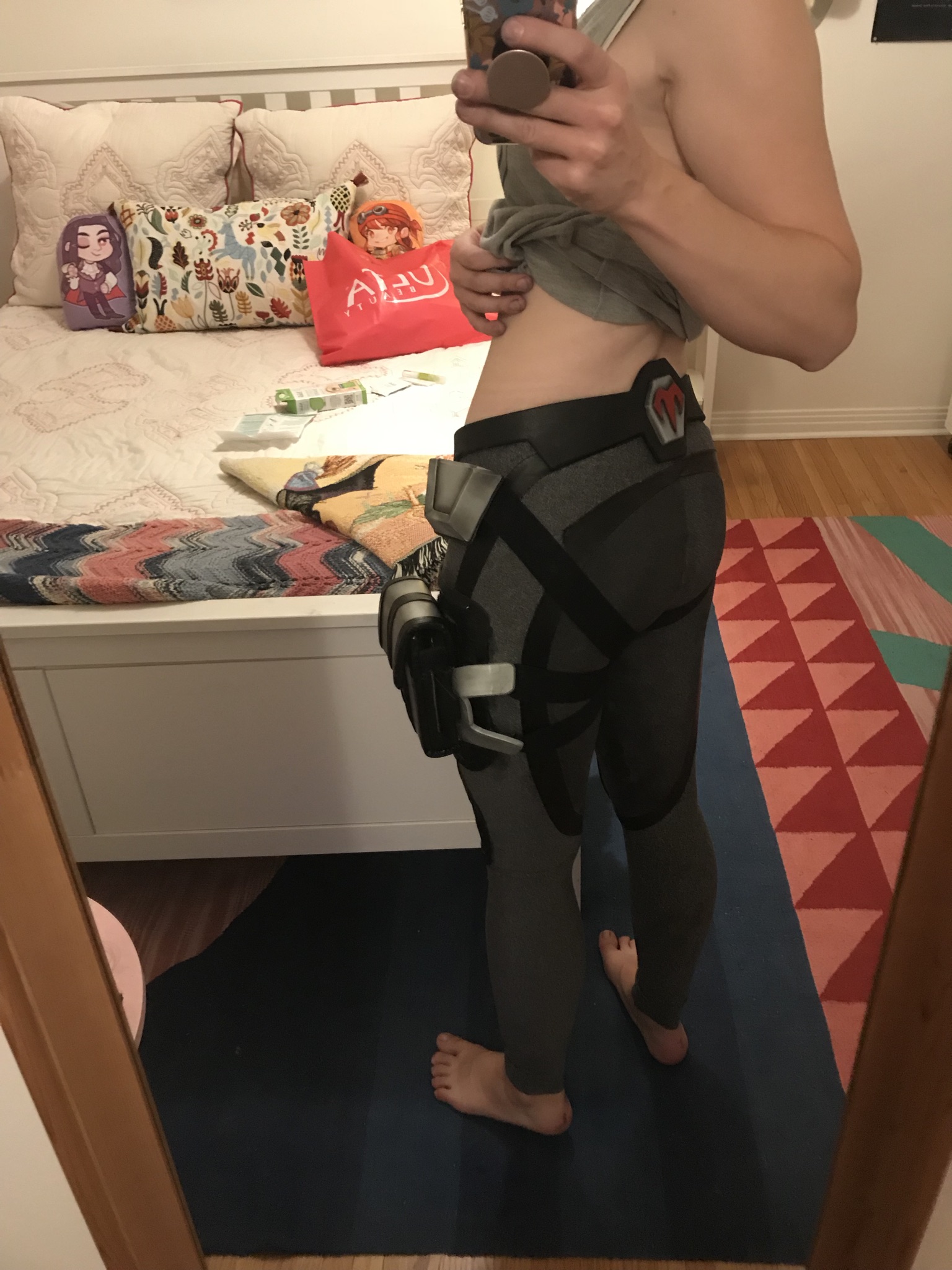 I tried to re-dye the pants darker, but I wasn’t sure how to only partially dye them, so they turned out stiff. The velcro I attached the bag with was on the wrong side anyway, so I decided to just make them a third time.