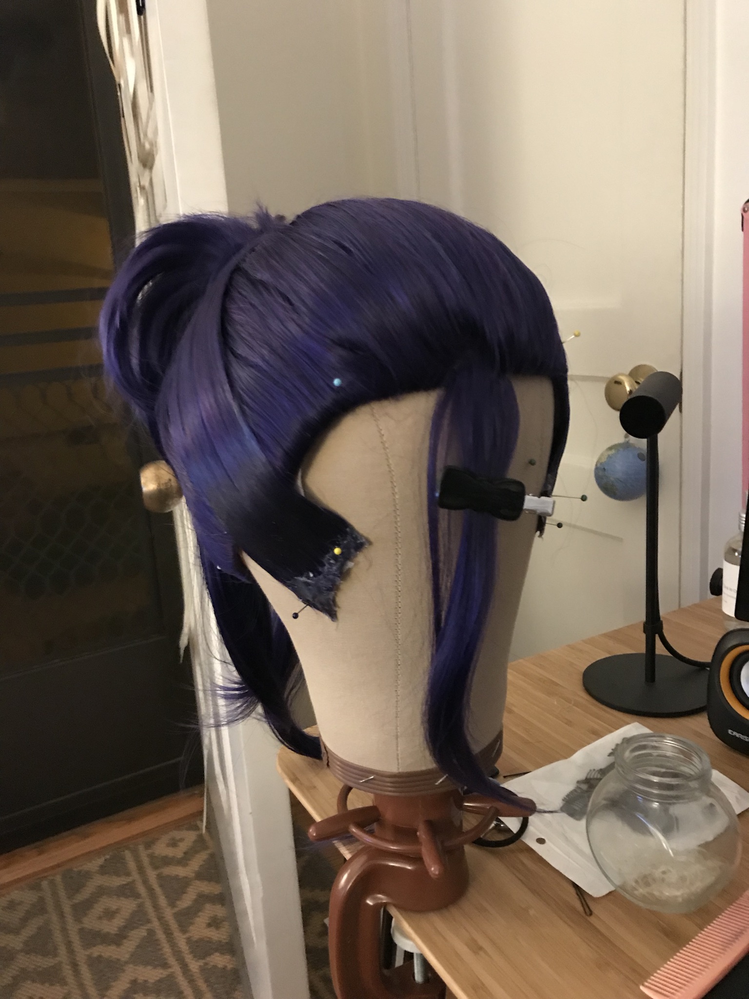 for the sideburns, I used Tacky Glue to make a faux hairline only where you would see the hair next to the visor. Overall, the wig took much longer than I anticipated.