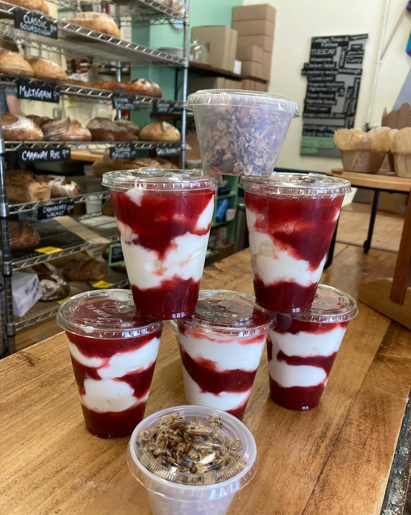 New! Fruit parfaits made with organic Nancy&rsquo;s yogurt, our fruit compote and our house granola. 

This week: rhubarb compote ❤️ get it while it lasts!